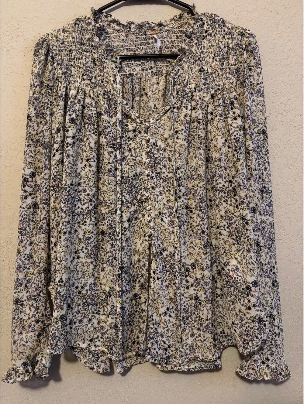 Free People Floral Smocked Yoke Long Sleeve Blouse Medium